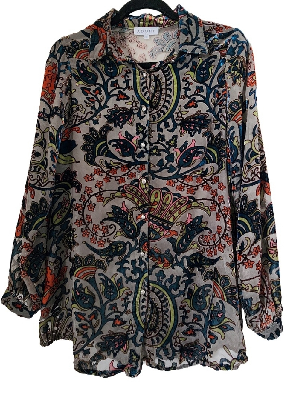 Adore Multi-colored Long Sleeve Paisley Burnout Velvet Blouse (S)